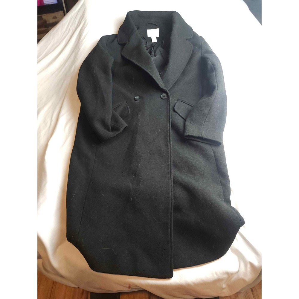 H&M Black Double Breasted Overcoat Longline Notched Lapel Pocket Coat Womens S